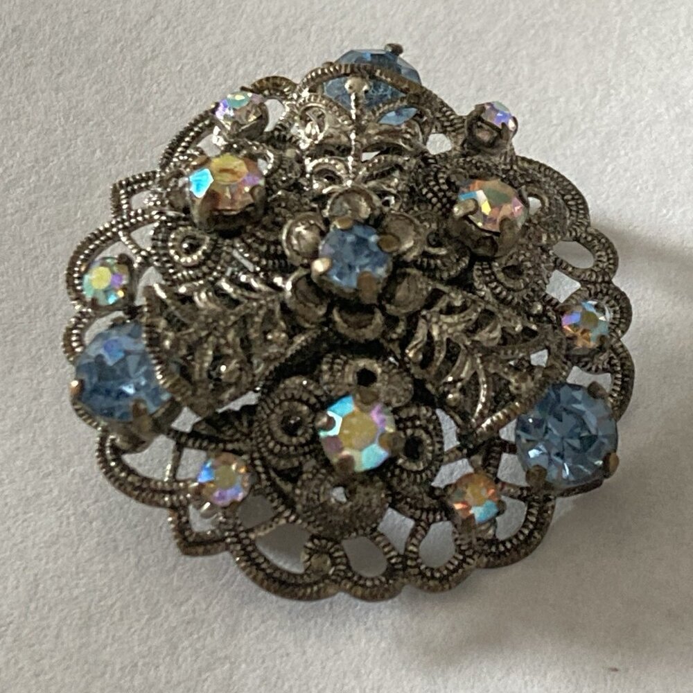 Vintage Brooch Silver Tone Pin Blue Rhinestones Domed Filagree